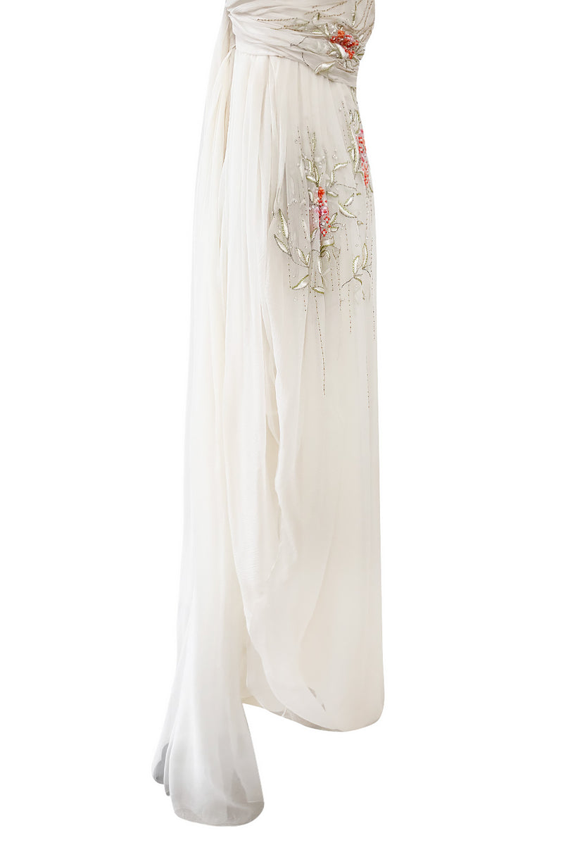 Exceptional Spring 2008 Christian Dior by John Galliano Ivory Silk Chiffon Dress w Floral Embroidery