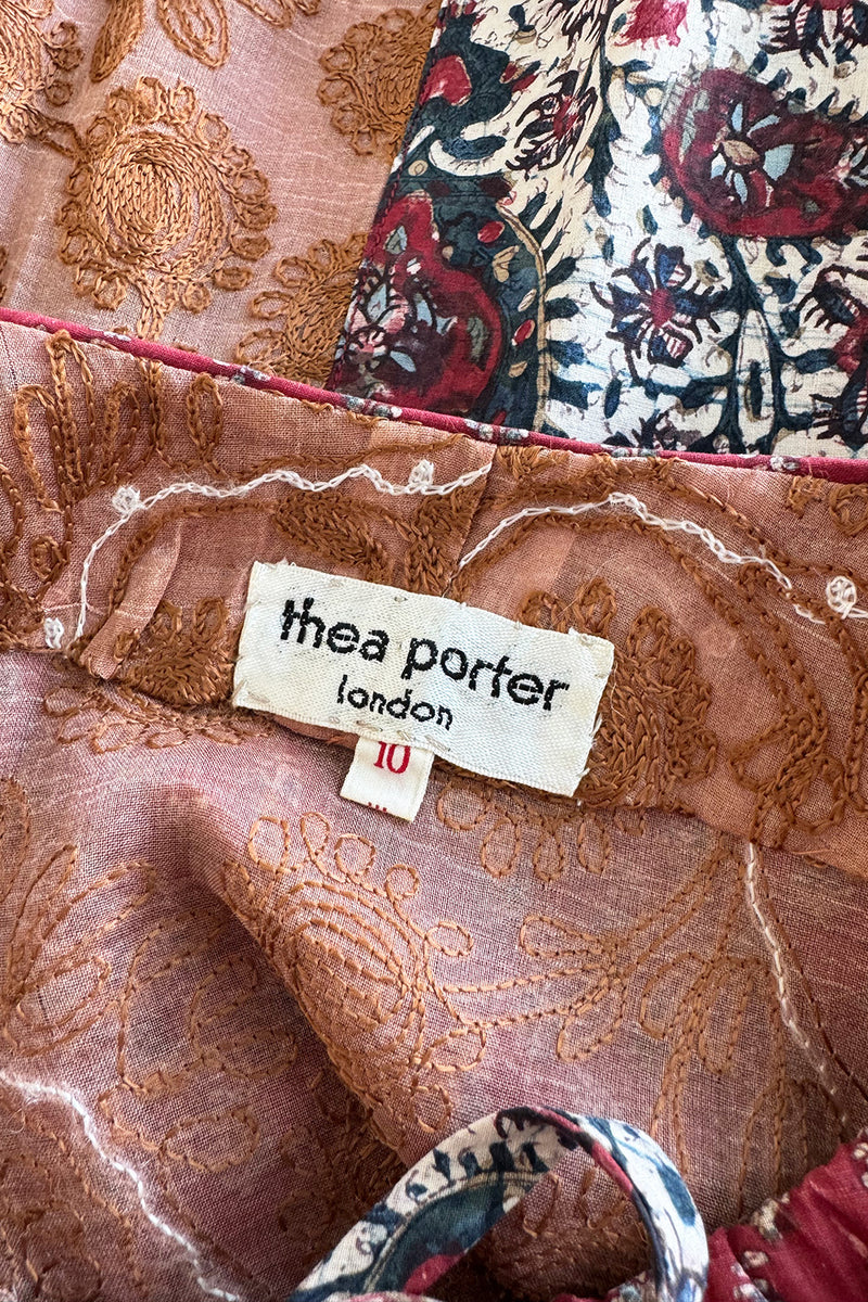 Rare 1969 Thea Porter Runway Embroidered Organza & Hand Screened Cotton Dress