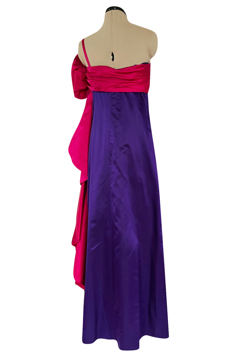 Spring 1984 Bill Blass Runway Purple Silk Dress w One Shoulder Bow & Long Ruffle