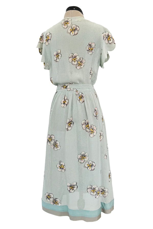 Prettiest 1930s Unlabeled Blue Handpainted Floral Dress Made of Unusual Woven Fabric