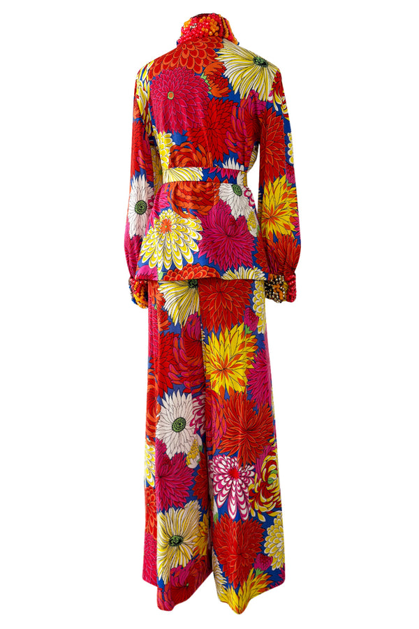 Fabulous 1970s Hanae Mori Bright Floral Print Jersey Pant & Top Set w Beading