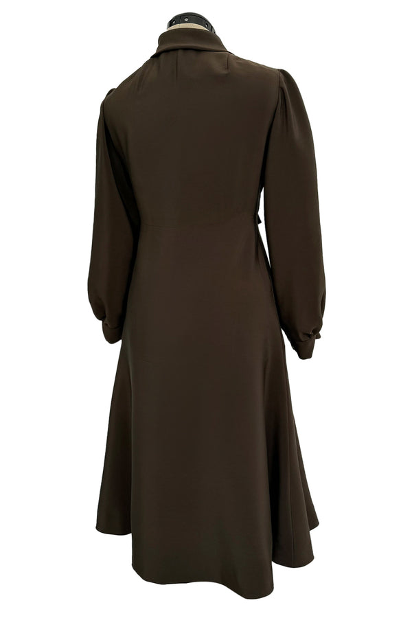 Elegant 1970s Madame Gres Haute Couture Chocolate Brown Day Dress w Full Sleeves & Collar