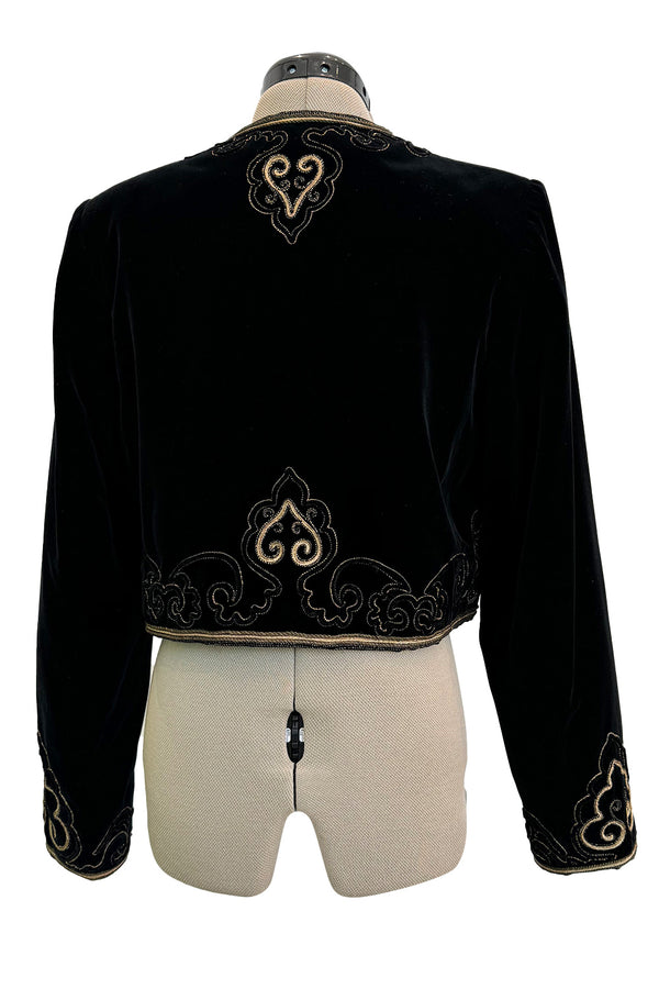 Fantastic 1970s Yves Saint Laurent Cropped Boc Cut Black Velvet Jacket w Metallic Gold Cord Detailing