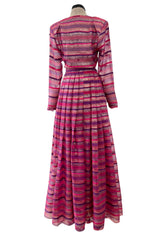 Prettiest 1980s Hanae Mori Pink Striped Silk Chiffon Dress w Metallic Gold Thread