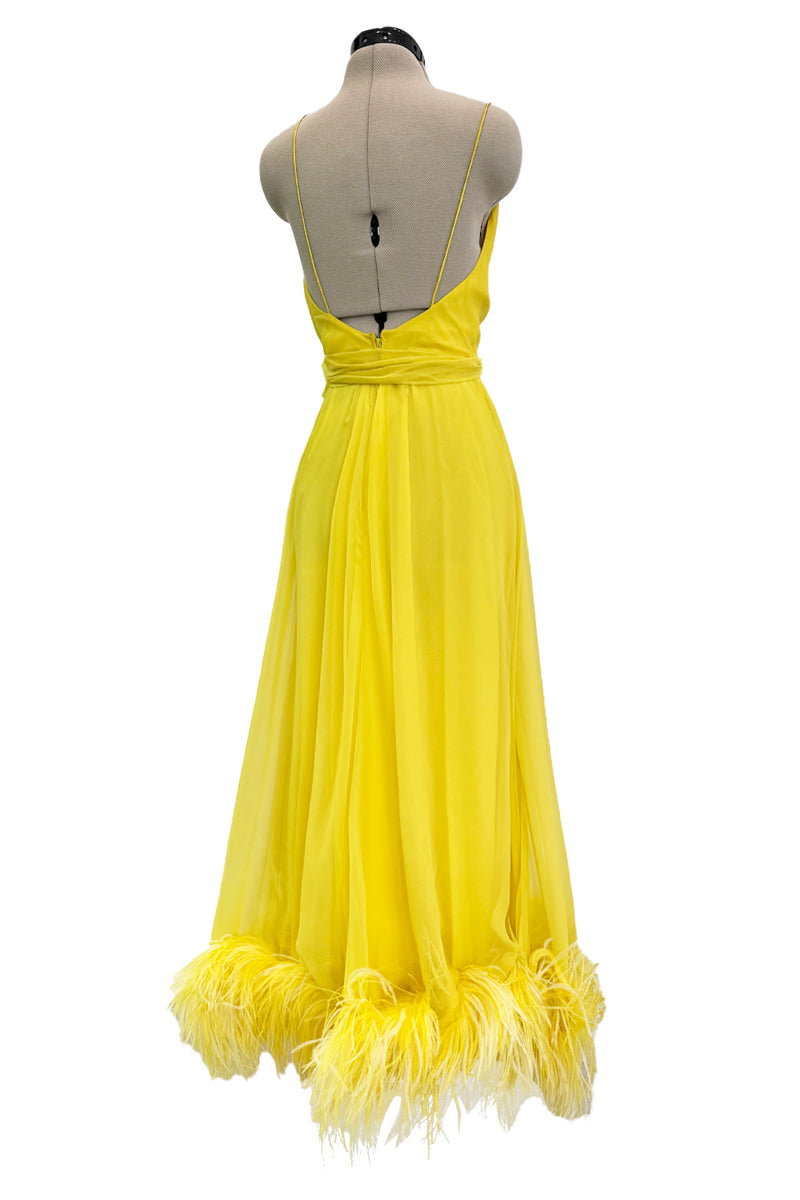 Oscar de la Renta 1970s Yellow Chiffon & Feather Dress