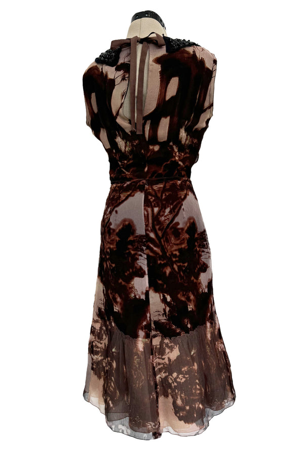 Prettiest Fall 2004 Prada Runway & Ad Campaign Print Silk Chiffon Dress w Beaded Detailing