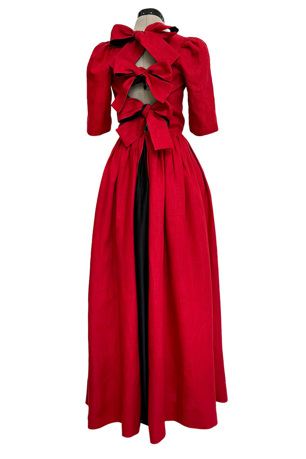 Dreamy Spring 1984 Lanvin by Jules-Francois Crahay Runway Red Linen & Black Dress w Open Bow Back