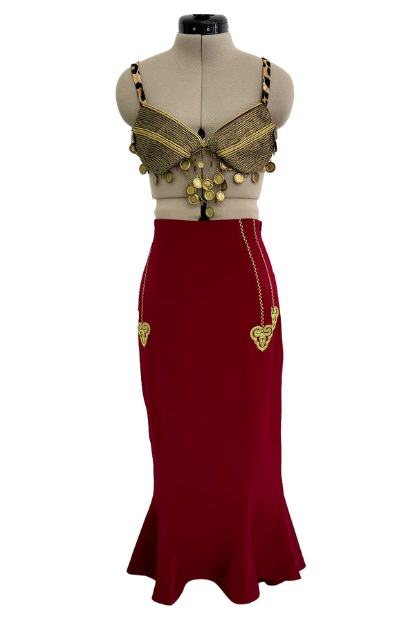 Increible & Rare Fall 1989 Rifat Ozbek Embroidered Skirt Suit & Gold Bra Top