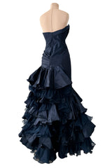 Resort 2011 Oscar de la Renta Runway Deep Blue Strapless Silk Dress w Elaborate Ruffled Skirt