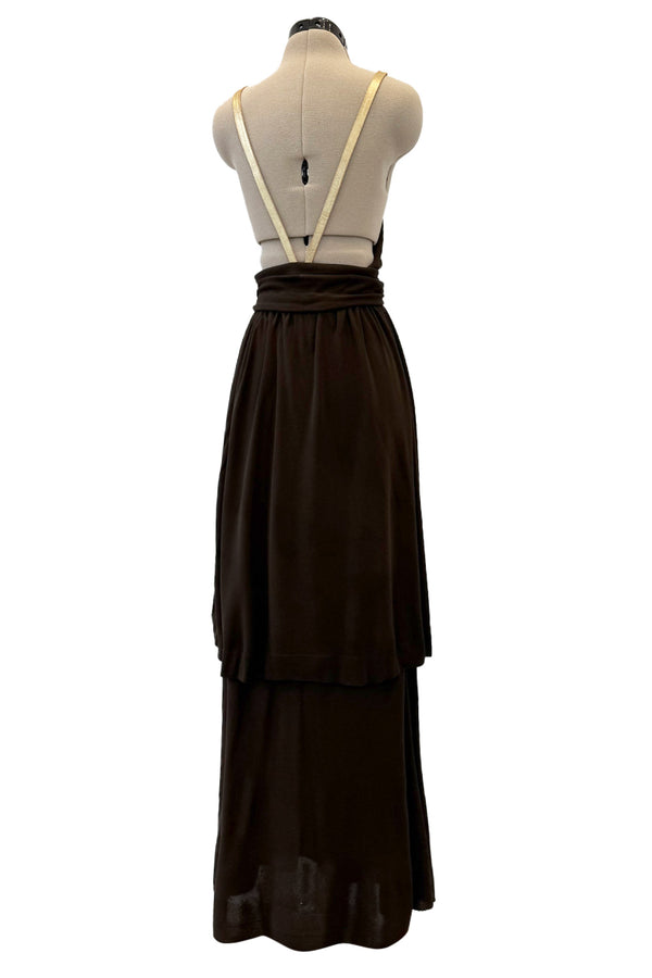 Fall 1975 Yves Saint Laurent Runway Brown Silk Jersey Backless Dress w Gold Leather Straps