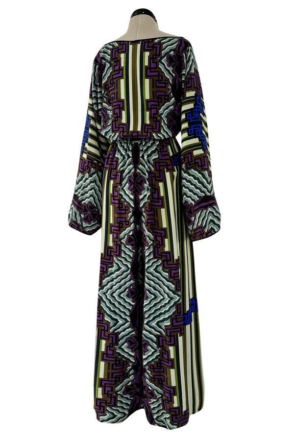 Late 1970s James Galanos Silk Chiffon Printed Jumpsuit w Wide Legs & Plunge Front