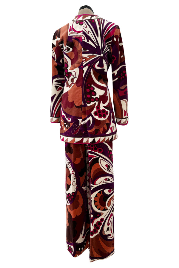 1960s Emilio Pucci Velvet Pink Purple & Brown Print Jacket & Flare Pant Suit Set