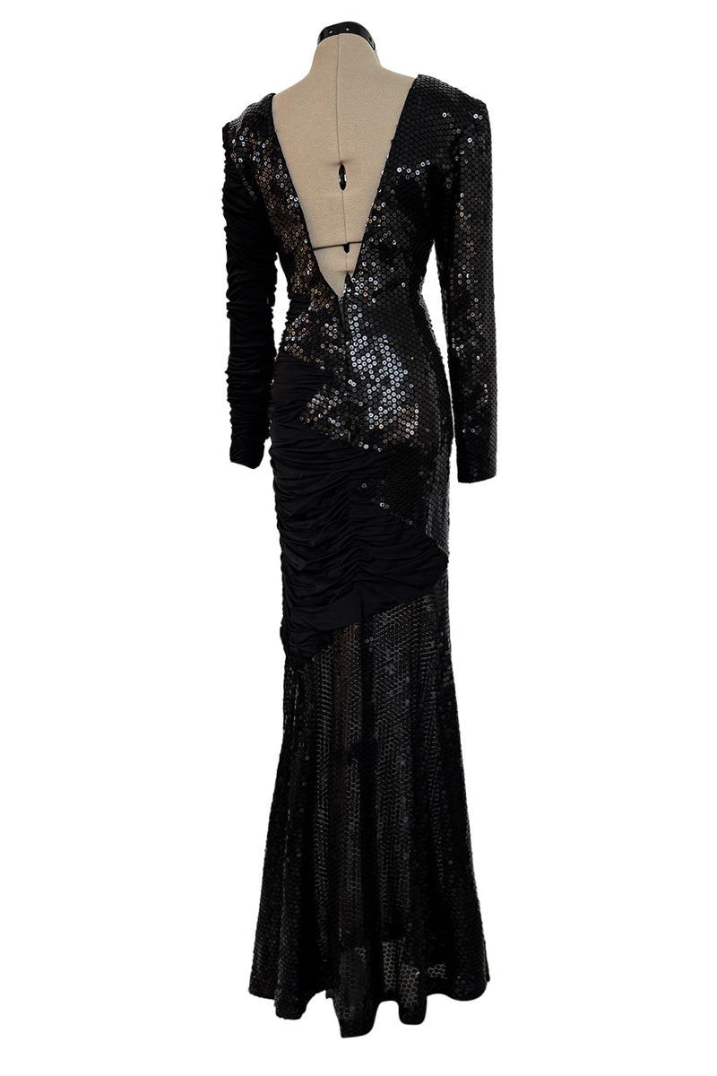 Amazing 1970s Loris Azzaro Black Sequin & Jersey Inset Dress w Low V Back