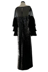 Killer 1980s Louis Feraud Black Sequin Dress w Amazing Tiered Silk Chiffon Sleeves