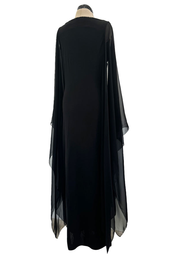 1990s Loris Azzaro Black Stretch Jersey Dress w Chiffon Angel Sleeves & Black Sequin Detailing