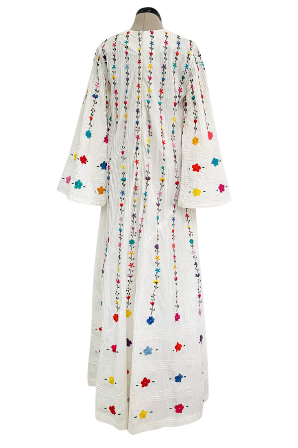 Fantastic 1960s Unlabeled White Cotton Hand Embroidered Mexican Caftan Dress