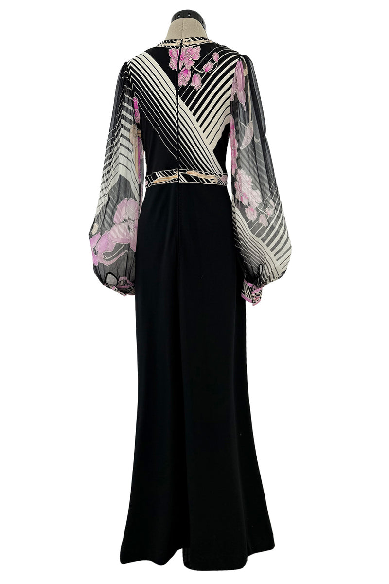 Prettiest 1970s Leonard Paris Printed Silk & Black Jersey Dress w Plunge Front