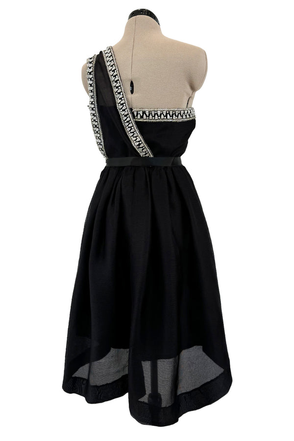 Incredible 1970s Givenchy Demi-Couture One Shoulder Silk Gazaar Dress w Rhinestones Edging