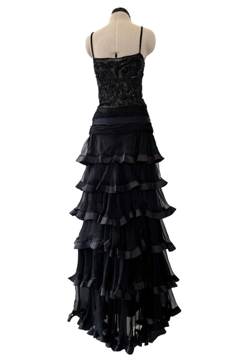 Exquisite Fall 2003 Valentino Beaded Floral Bodice Dress w Ruffled Silk Chiffon Skirting