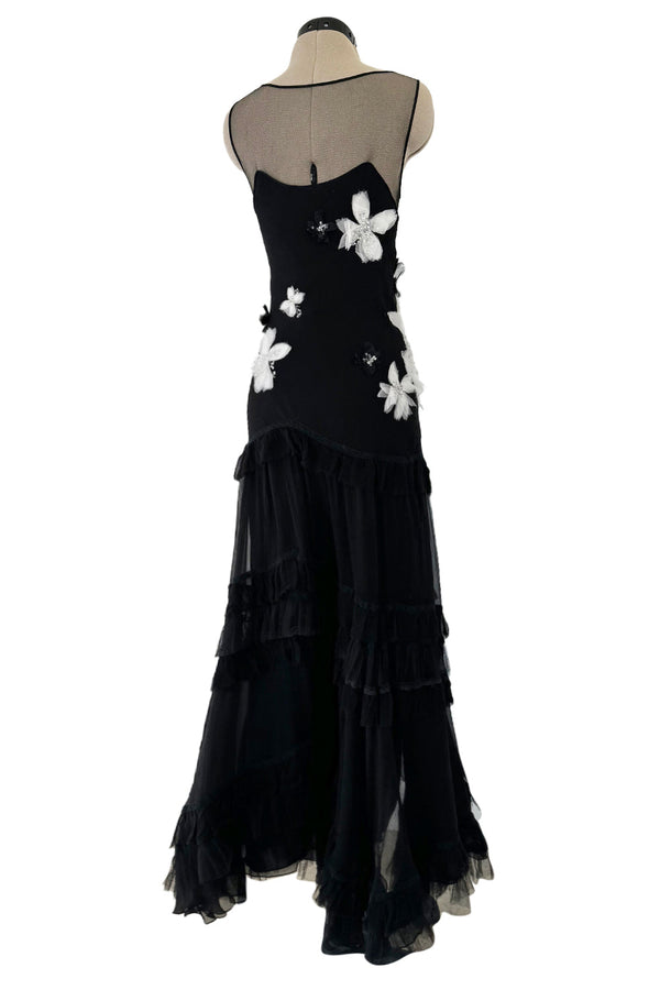 Beautiful Fall 2005 John Galliano Bias Cut Black Silk Dress w Hand Applied Silk Flowers