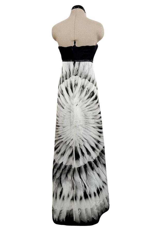 Fabulous 2007 Alexander McQueen Strapless Silk Black & Grey Tone Feather Print Dress