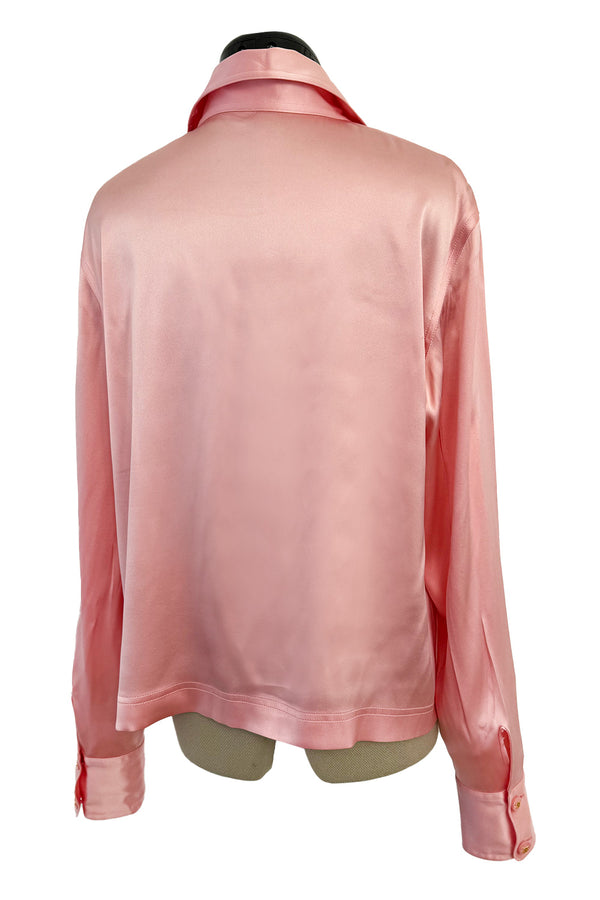 Dreamy 1990s Chanel by Karl Lagerfeld Pastel Pink Silk Stretch Button Front Top