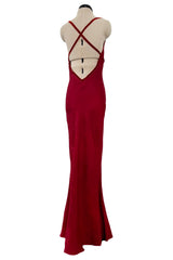 Fall 1999 John Galliano Deep Red Patterned Silk Bias Cut Backless Dress w Velvet Ribbon Details