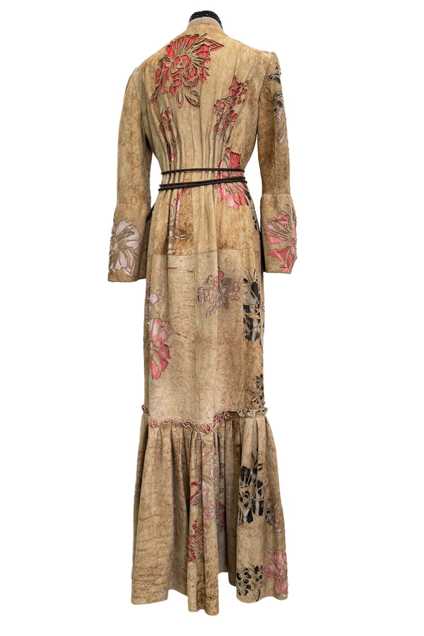 Extraordinary Spring 2002 Roberto Cavalli Runway Look 5 Hand Painted Distressed Suede Full Length Coat