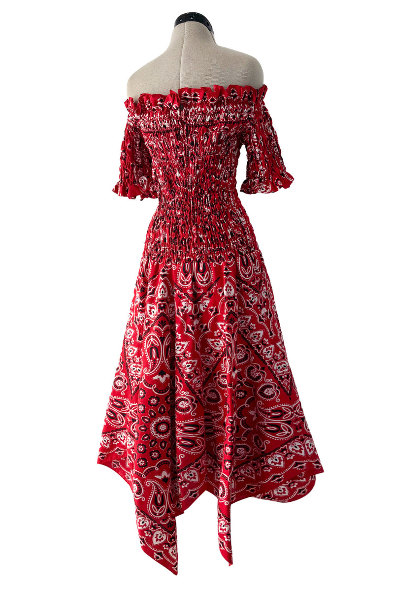 Amazing 1971 Oscar de la Renta Bandana Handkerchief Dress w Elastic Off Shoulder Bodice