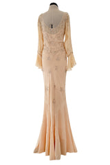 2000s Christian Dior by John Galliano Peach Silk Chiffon & Silver Beaded Bias Cut Dress