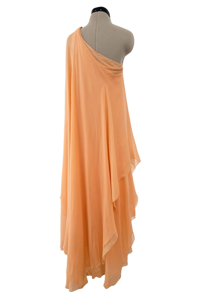 c. Resort 1976 Halston Couture Pastel Peach Silk Chiffon One Shoulder Spiral Dress