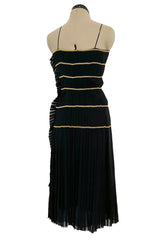 Incredible Spring 1988 Chanel by Karl Lagerfeld Runway Black Pleated Silk Chiffon Dress w Chain Detailing