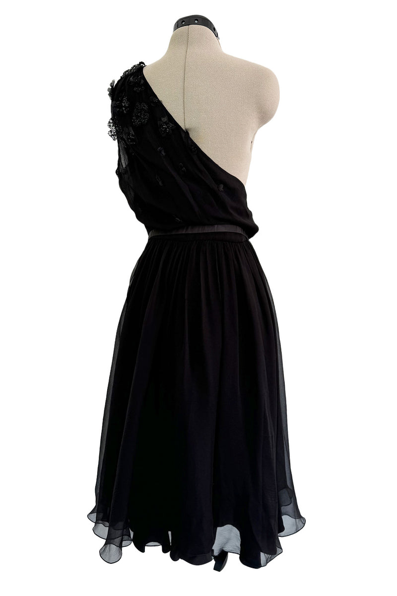 Cruise 2008 Christian Dior by John Galliano Embellished One Shoulder Black Silk Chiffon Dress