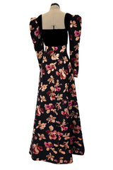 Stunning 1970s Givenchy Floral Silk Brocade Dress w Velvet Bodice & Bow