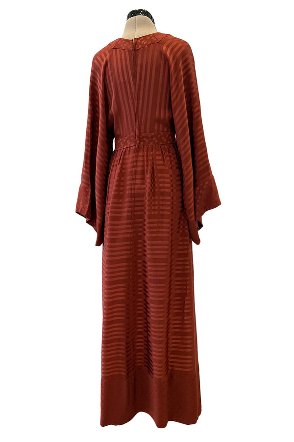 1970s Jean Varon Rust Clay Coloured Silk Wide Sleeve Dress w Plunge Front