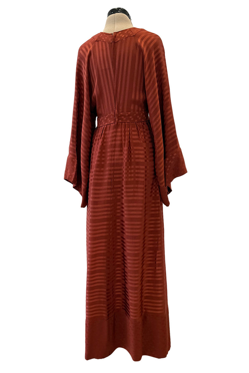 1970s Jean Varon Rust Clay Coloured Silk Wide Sleeve Dress w Plunge Front