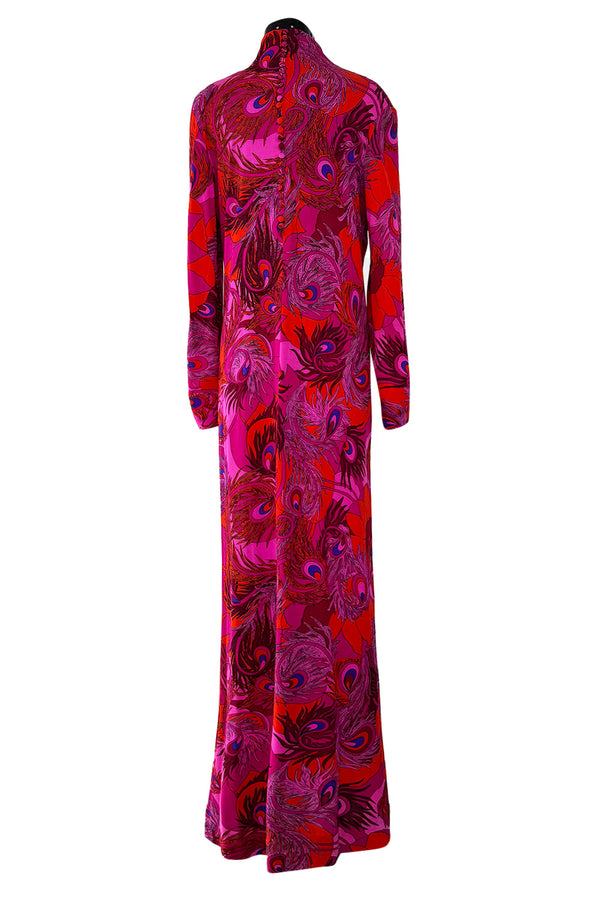 1972 La Mendola 'Paridiso' Peacock Feather Print Deep Pink Silk Jersey Dress