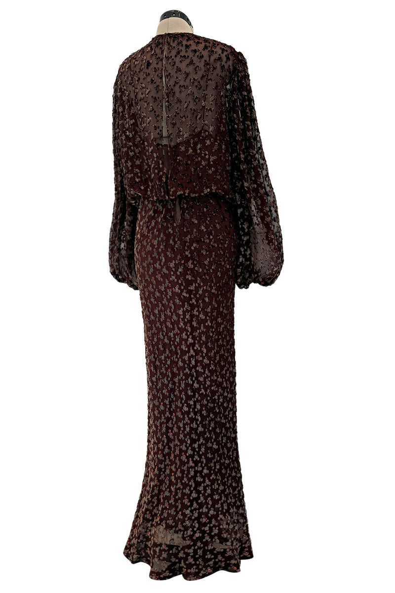 Beautiful 1980s Oscar de la Renta Metallic Fused Velvet on Silk Chiffon Dress w Balloon Sleeves