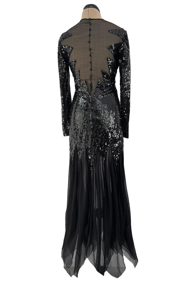 1973 Loris Azzaro Couture Black Sequin & Silk Chiffon Insets Dress w Pointed Hem