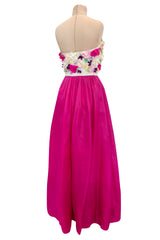 Dreamy 1982 Givenchy Strapless Silk Dress w Floral Appliques & Brilliant Full Pink Skirt