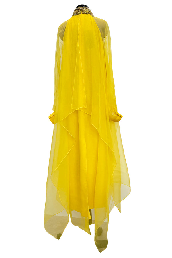 Prettiest Pre-Fall 2020 Gucci by Alessandro Michele Yellow Silk Dress Caftan w Jewel Collar & Front