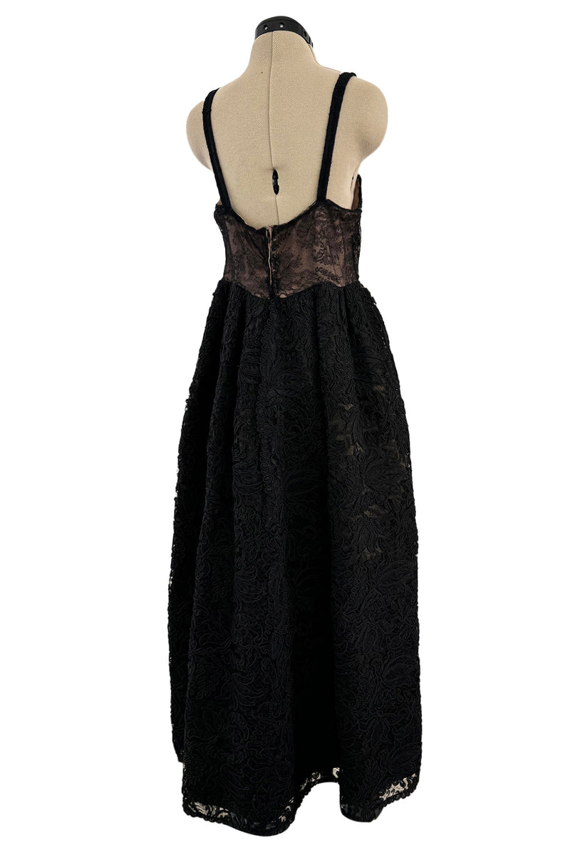 Prettiest 1960s James Galanos Couture Black French Lace & Silk Cord Dress