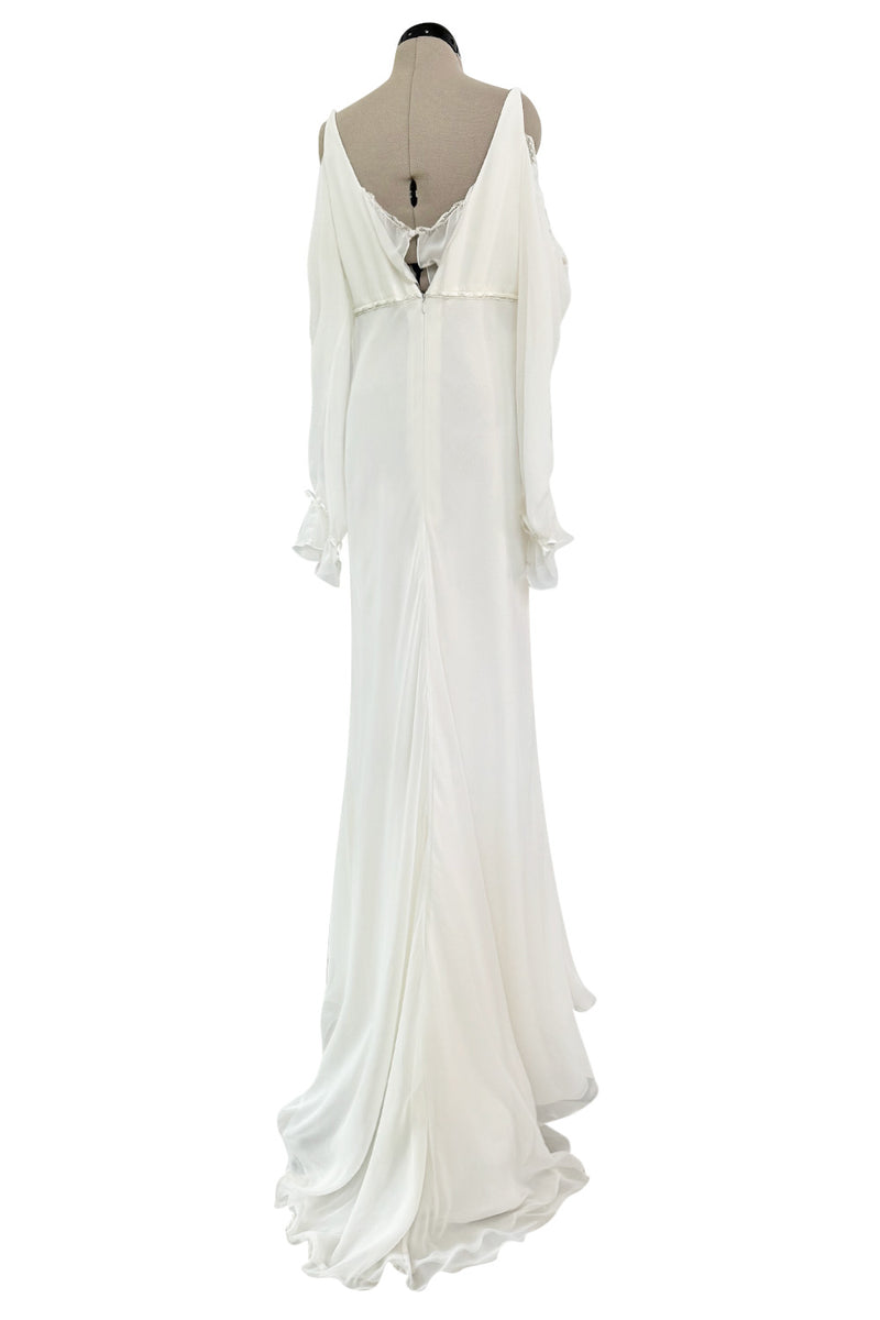 Prettiest 2000s Blumarine Sposa Ivory Chiffon Wedding Dress w Attached Sleeves & Open Shoulder