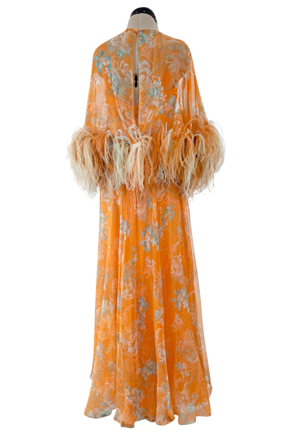 Exquisite 1960s Harry Algo printed Peach Silk Chiffon Dress w Feather Detailing