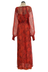 1970s Christian Dior by Marc Bohan Deep Coral Silk Chiffon Caftan Dress w Sash