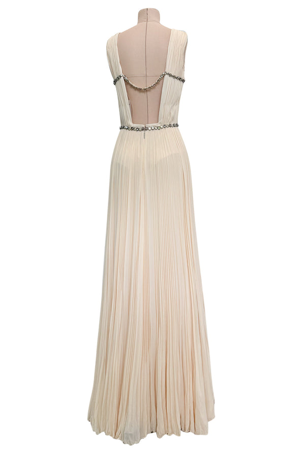 Incredible Fall 2007 Roberto Cavalli Ivory Pleated Silk Jersey Dress w Front Plunge & Rhinestones