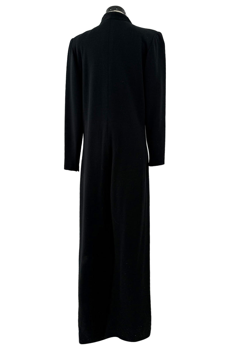 Fabulous 1980s Pauline Trigere Sleek Black Wool Jersey Jumpsuit w Front Zip