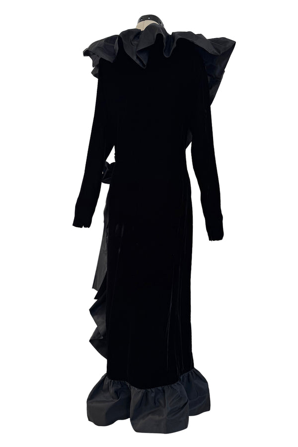 Amazing Fall 1984 Yves Saint Laurent Runway Silk Taffeta Ruffle & Velvet Wrap Dress