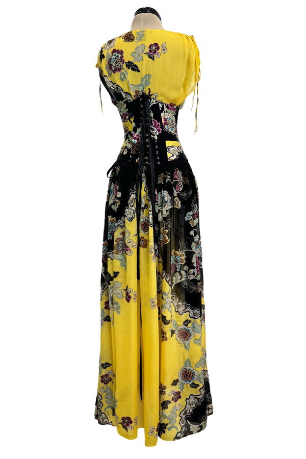 Incredible Spring 2003 Roberto Cavalli Light as Air Printed Silk & Silk Chiffon Maxi Skirt, Top & Corset Set