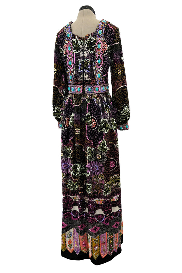 Amazing 1970s Valentina Inc. Elaborate Sequin & Bead on Printed Felt Dress